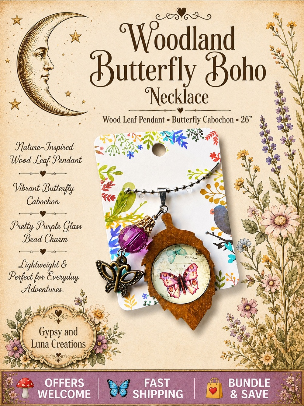 Handcrafted Wooden Leaf Butterfly Necklace Boho Nature Inspired 26”